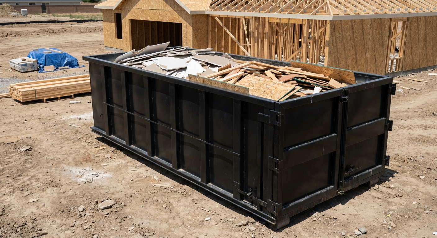 Matte-black 30-yard roll-off construction dumpster sitting directly on the compacted-dirt site of a framed single-family home build in Poulsbo, drywall and lumber scrap loaded inside.