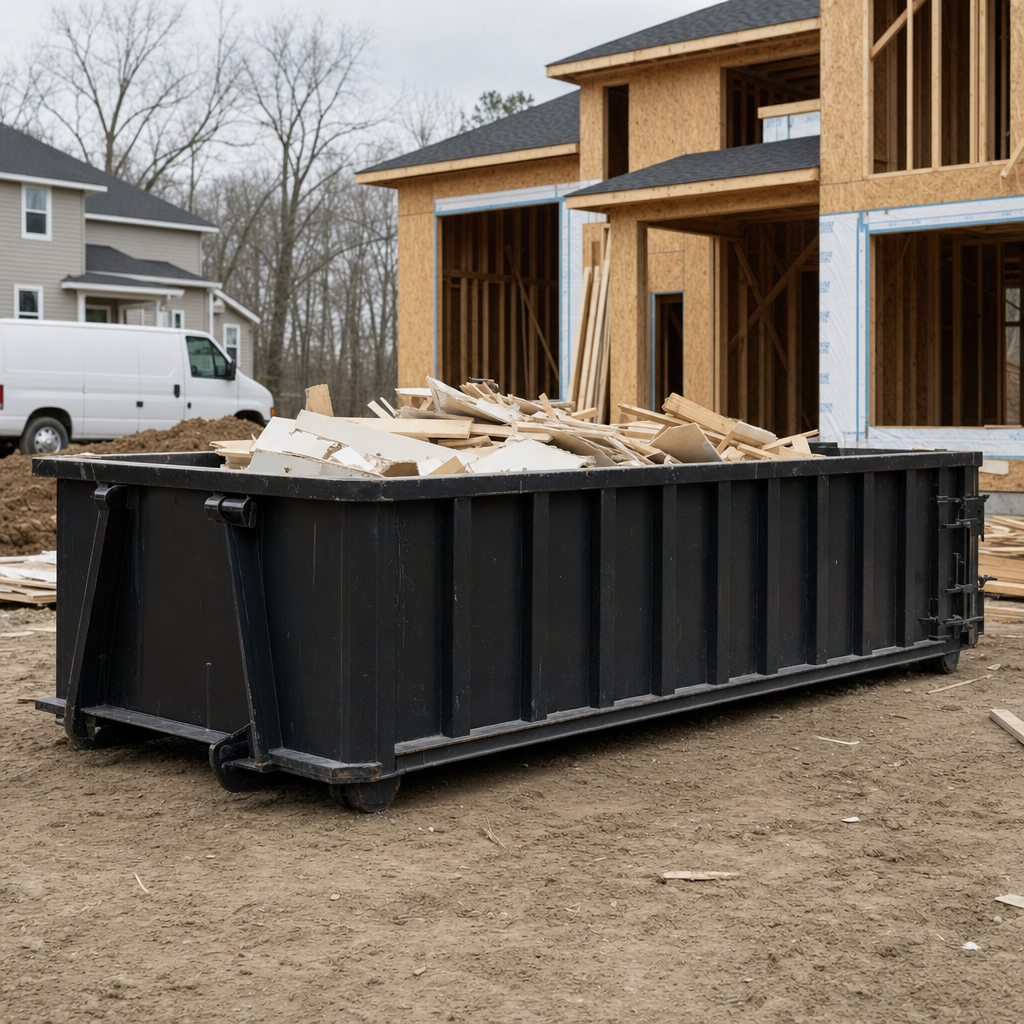 Worker in a yellow high-visibility vest tossing framing lumber and broken drywall into a matte-black 30-yard construction roll-off dumpster on an active build site in Poulsbo, bright daylight