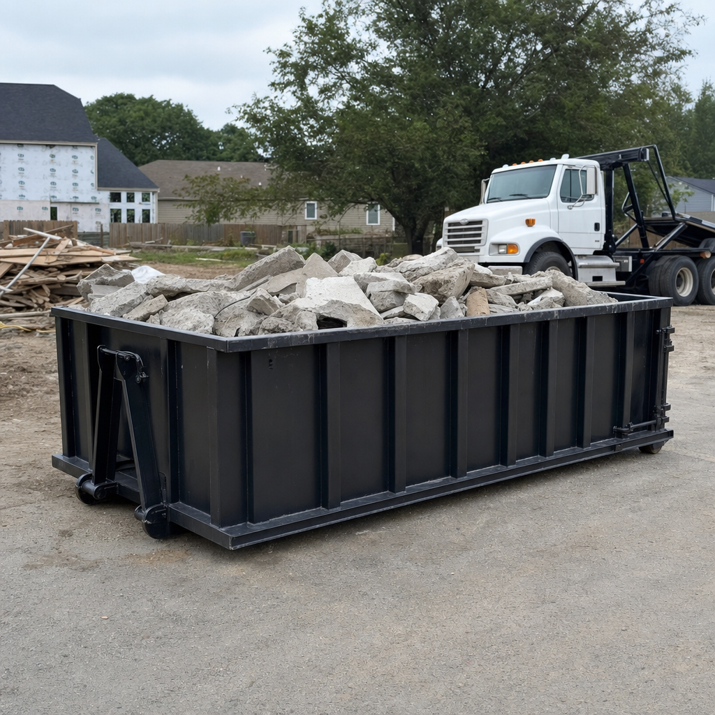 Low-profile matte-black lowboy roll-off dumpster loaded with broken concrete slab and rebar at a foundation tear-out in Poulsbo, skid steer parked beside it, sunny Colorado morning
