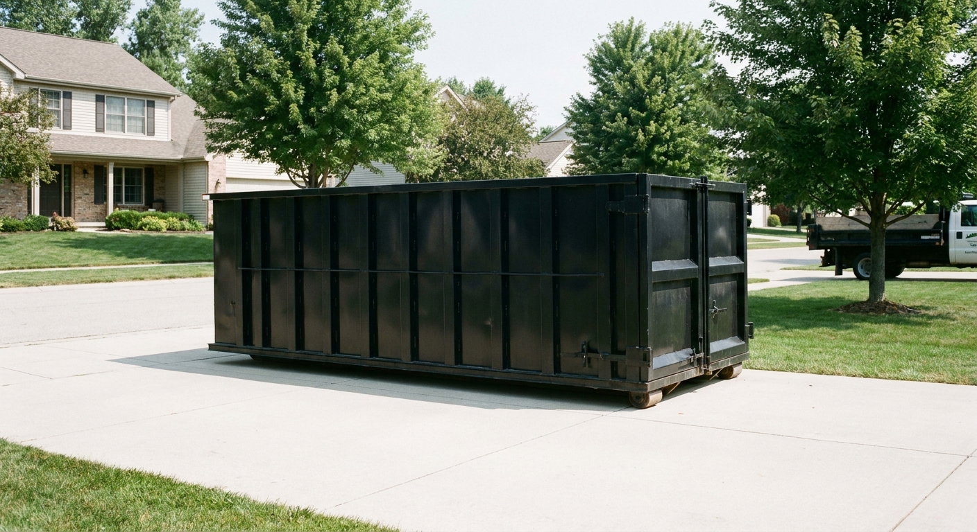 Matte-black 20-yard roll-off dumpster sitting level on a clean Poulsbo residential concrete driveway under bright daylight, demonstrating clean placement directly on the concrete.