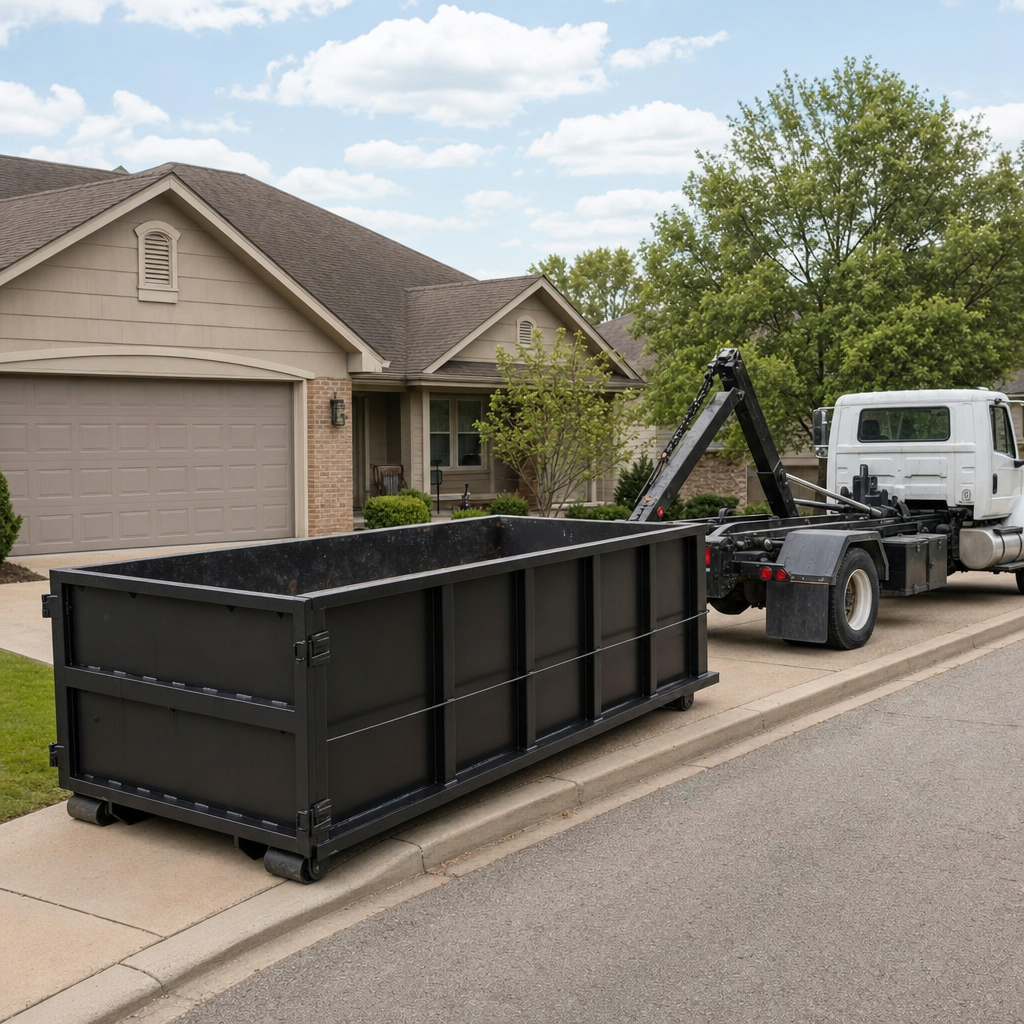 Wide documentary shot of a matte-black roll-off dumpster on a Poulsbo residential driveway in the foreground and a contractor jobsite container in the soft-focus background, bright daylight, calm and orderly composition.