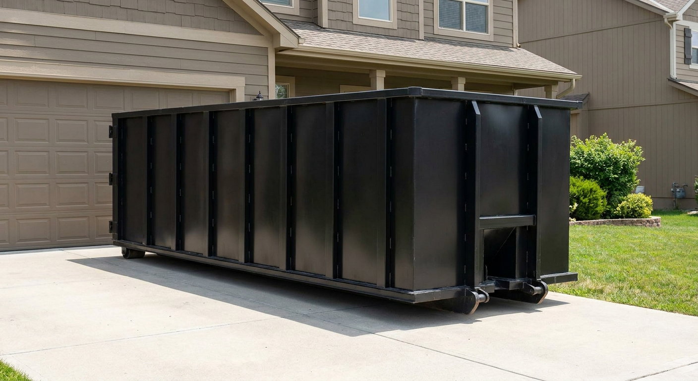 Matte-black residential roll-off dumpster sitting directly on a suburban Poulsbo concrete driveway, garage door closed, single-family home in background, bright morning daylight.