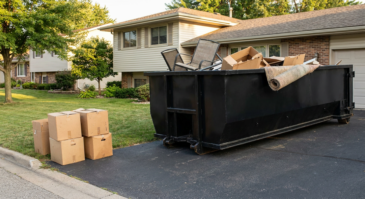 Front-yard view of a Poulsbo split-level home with a 20-yard matte-black roll-off dumpster sitting directly on the asphalt driveway, a few clearly labeled donation boxes staged at the curb, calm sunny afternoon.