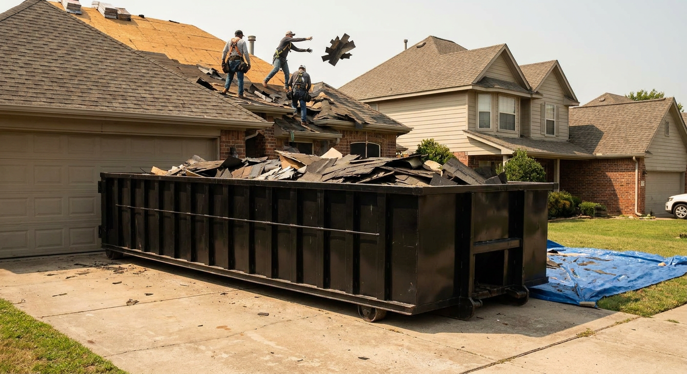 Matte-black roofing roll-off dumpster placed directly on a Poulsbo residential concrete driveway, a tear-off crew on a two-story asphalt-shingle roof tossing shingle bundles into the low-walled container, bright daylight, documentary 35mm perspective.