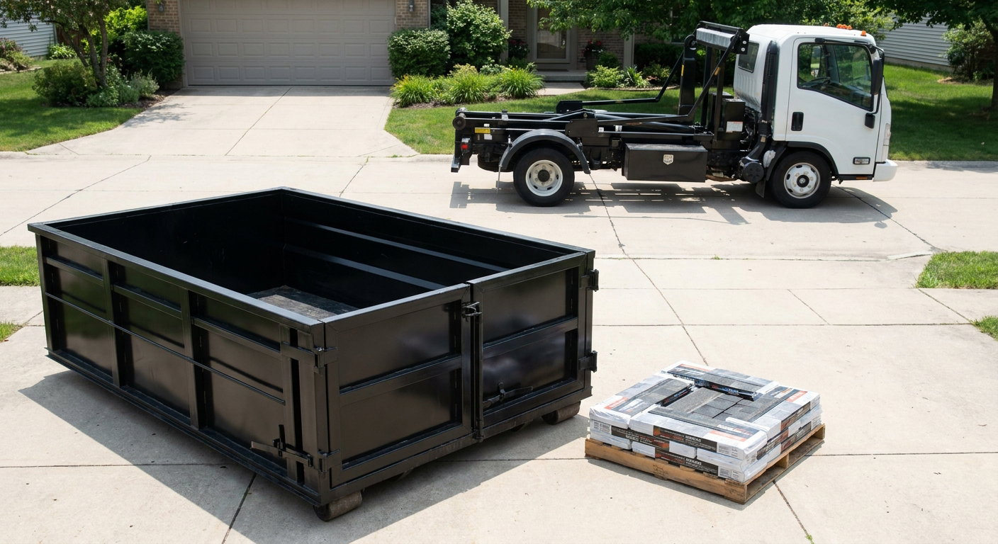 Matte-black 15-yard roofing roll-off dumpster with reinforced low side walls sitting directly on a Poulsbo residential concrete driveway, three-tab asphalt shingle bundles stacked nearby, an unmarked white hauler truck partially visible at the edge of the frame.