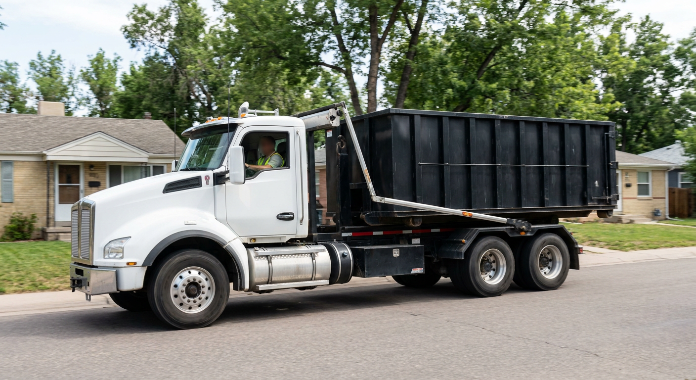 A wide documentary shot of a matte-black roll-off delivery truck pulling onto a quiet Poulsbo residential street at mid-morning, with neighborhood rooftops and tree-lined blocks visible behind, showing the metro coverage footprint.