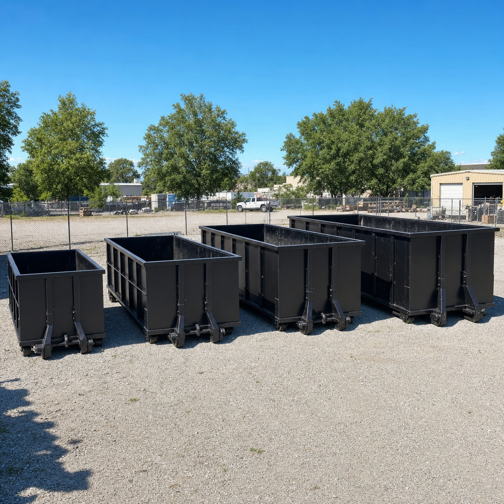 A clean lineup of matte-black roll-off dumpsters in 10, 20, 30, and 40-yard sizes staged on a sunlit gravel yard in Poulsbo, showing the size progression from compact to commercial-scale containers.