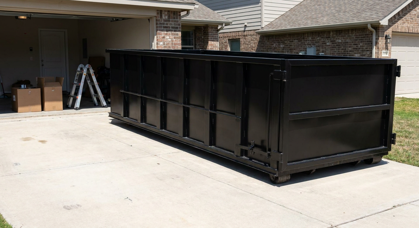 A matte-black 10-yard roll-off dumpster sitting directly on a residential Poulsbo concrete driveway, mid-day sunlight, clean and ready for a garage cleanout.