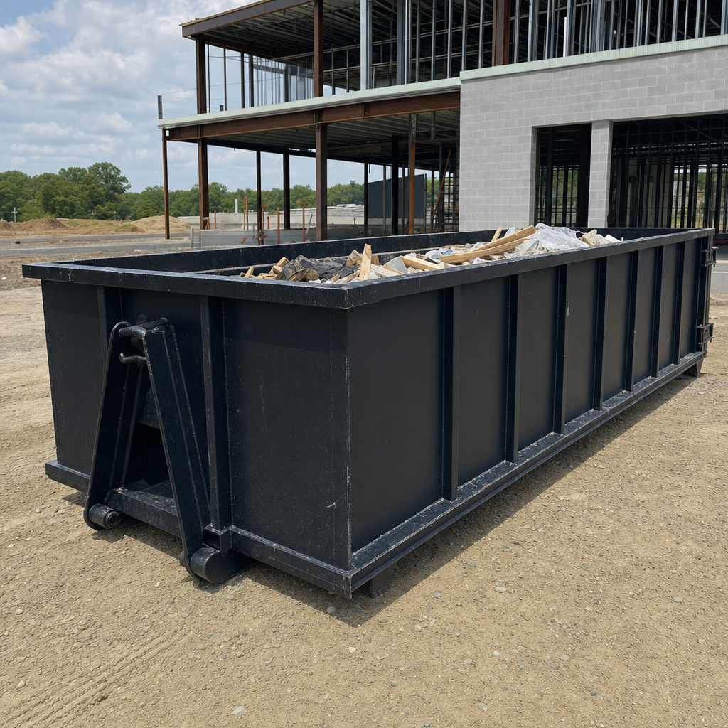 A matte-black 40-yard roll-off dumpster staged on a large Poulsbo commercial construction lot, with a hooklift delivery truck parked alongside under bright midday sky.