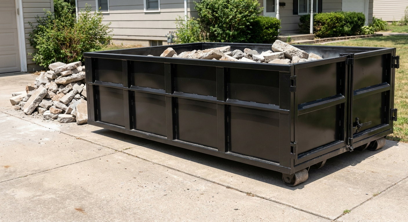 A matte-black low-side heavy-debris roll-off dumpster placed directly on a Poulsbo concrete driveway, with broken concrete chunks neatly stacked beside it under clean daylight.